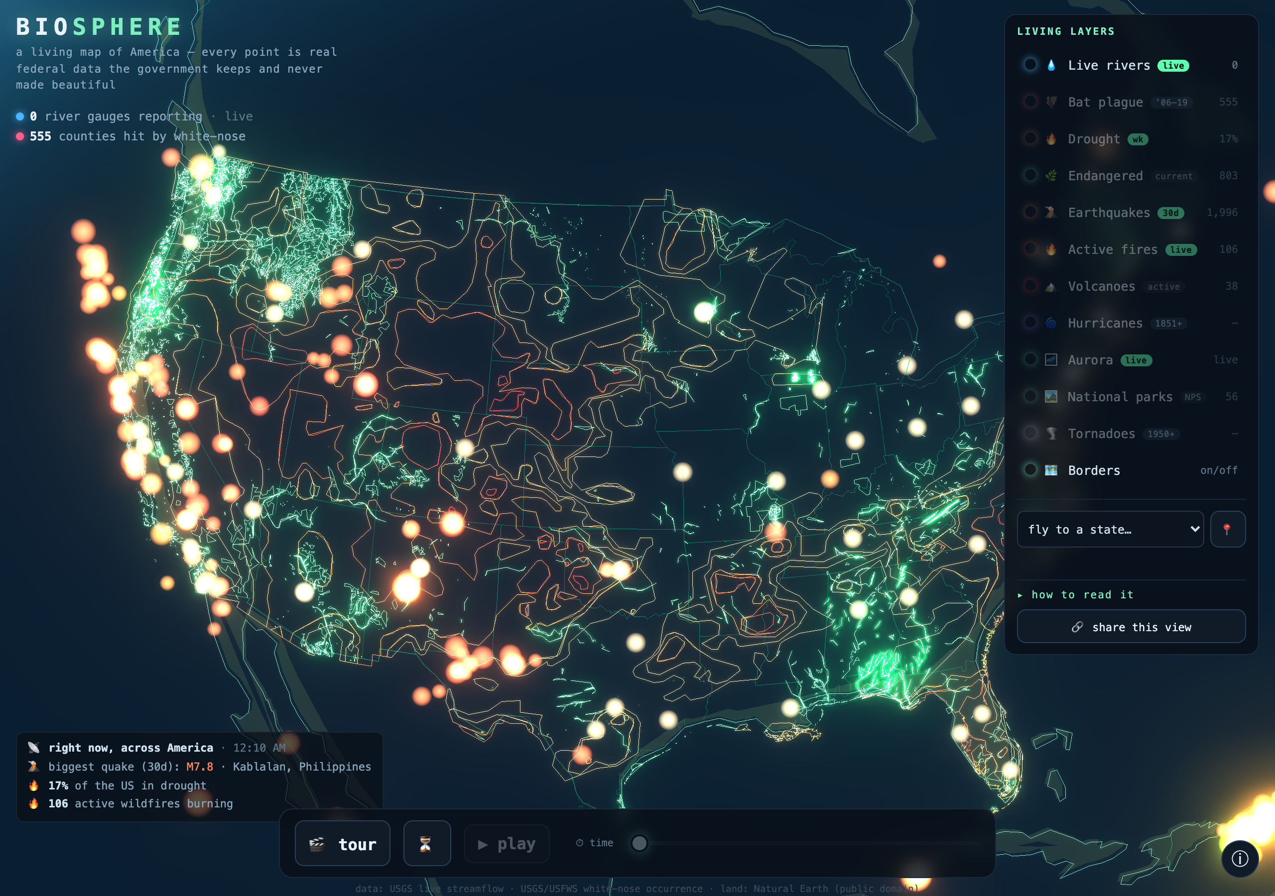Close-up of the globe filling the frame with the continental United States: green endangered-species clusters in the Pacific Northwest, Appalachia and Florida, orange drought contour lines, and glowing data points.