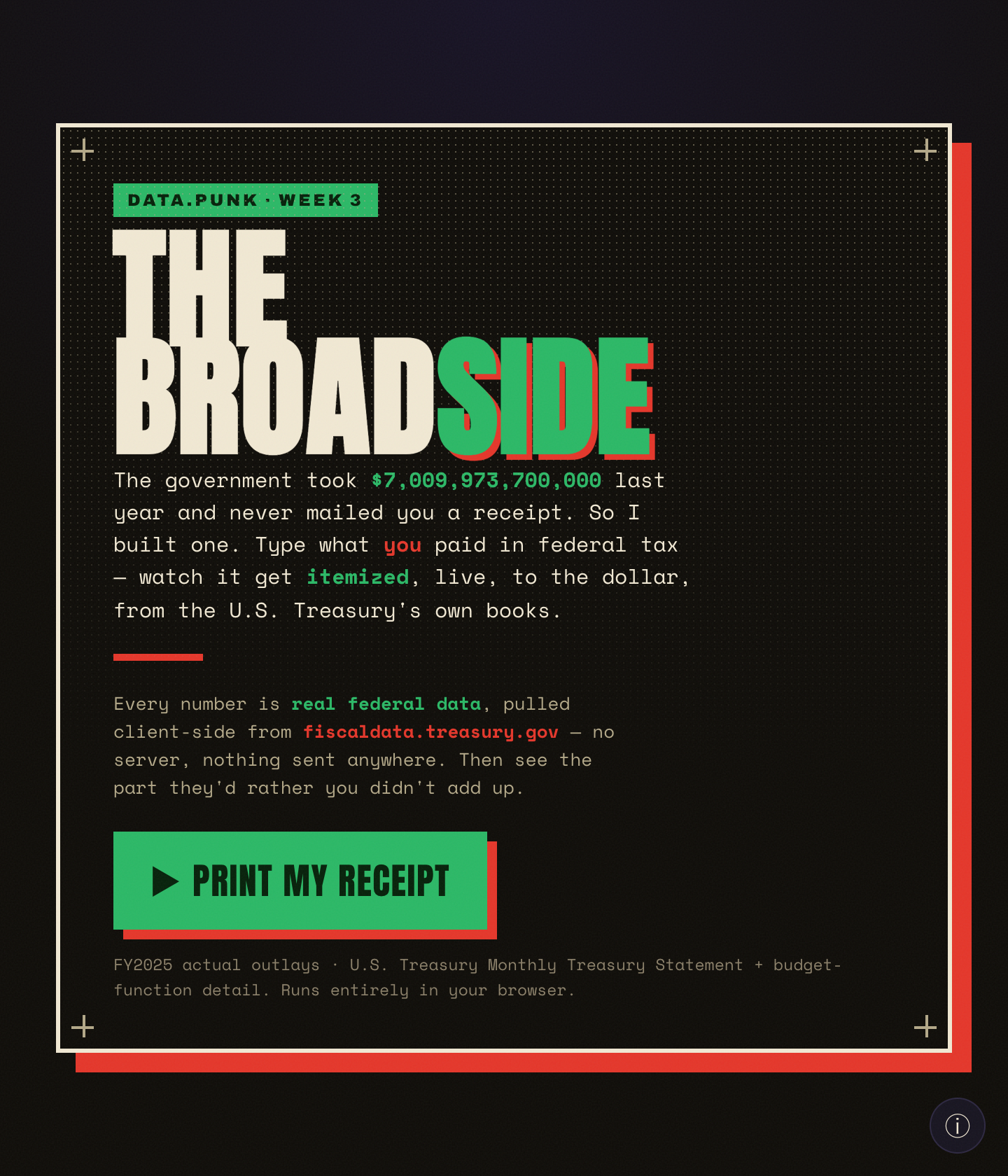 The Broadside intro poster — a punk-broadside headline reading THE BROADSIDE over the line “the government took $7,009,973,700,000 last year and never mailed you a receipt.”