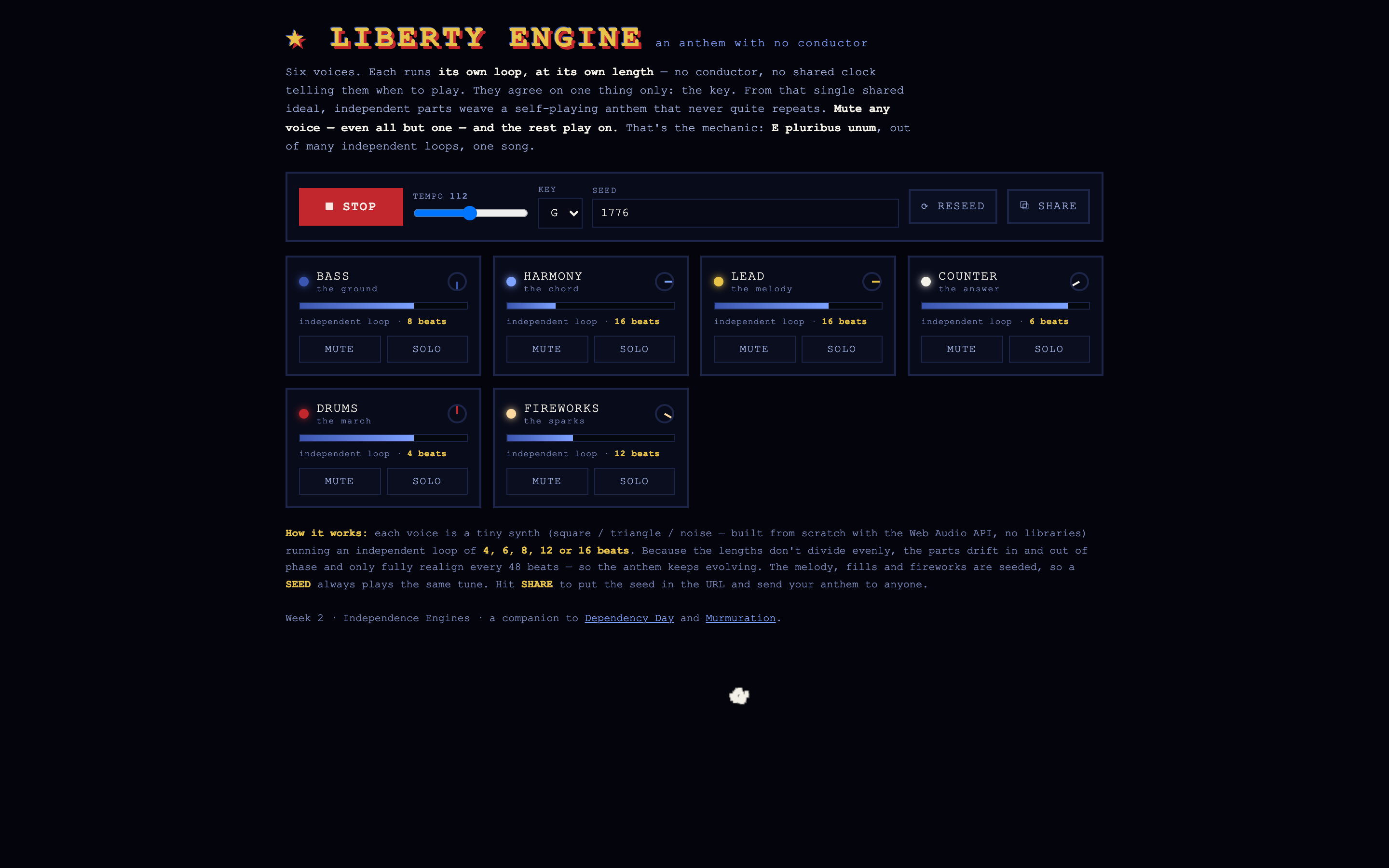 Liberty Engine running: a transport bar with a stop button and six voice cards (Bass, Harmony, Lead, Counter, Drums, Fireworks), each showing a live level meter, phase dial, and independent loop length.