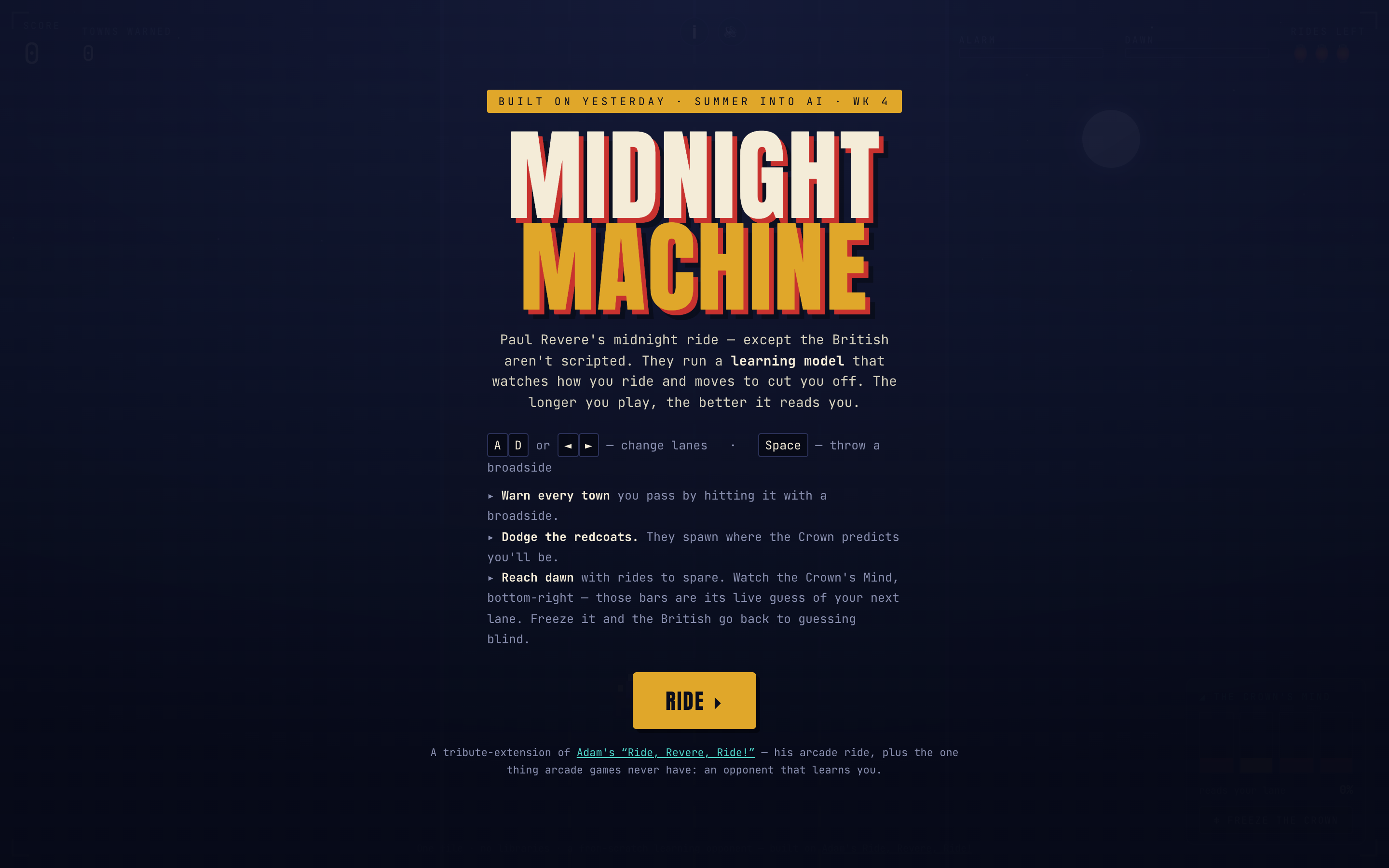 The MIDNIGHT MACHINE poster intro — a gold-and-red arcade title over the line "Paul Revere's midnight ride, except the British aren't scripted. They run a learning model."