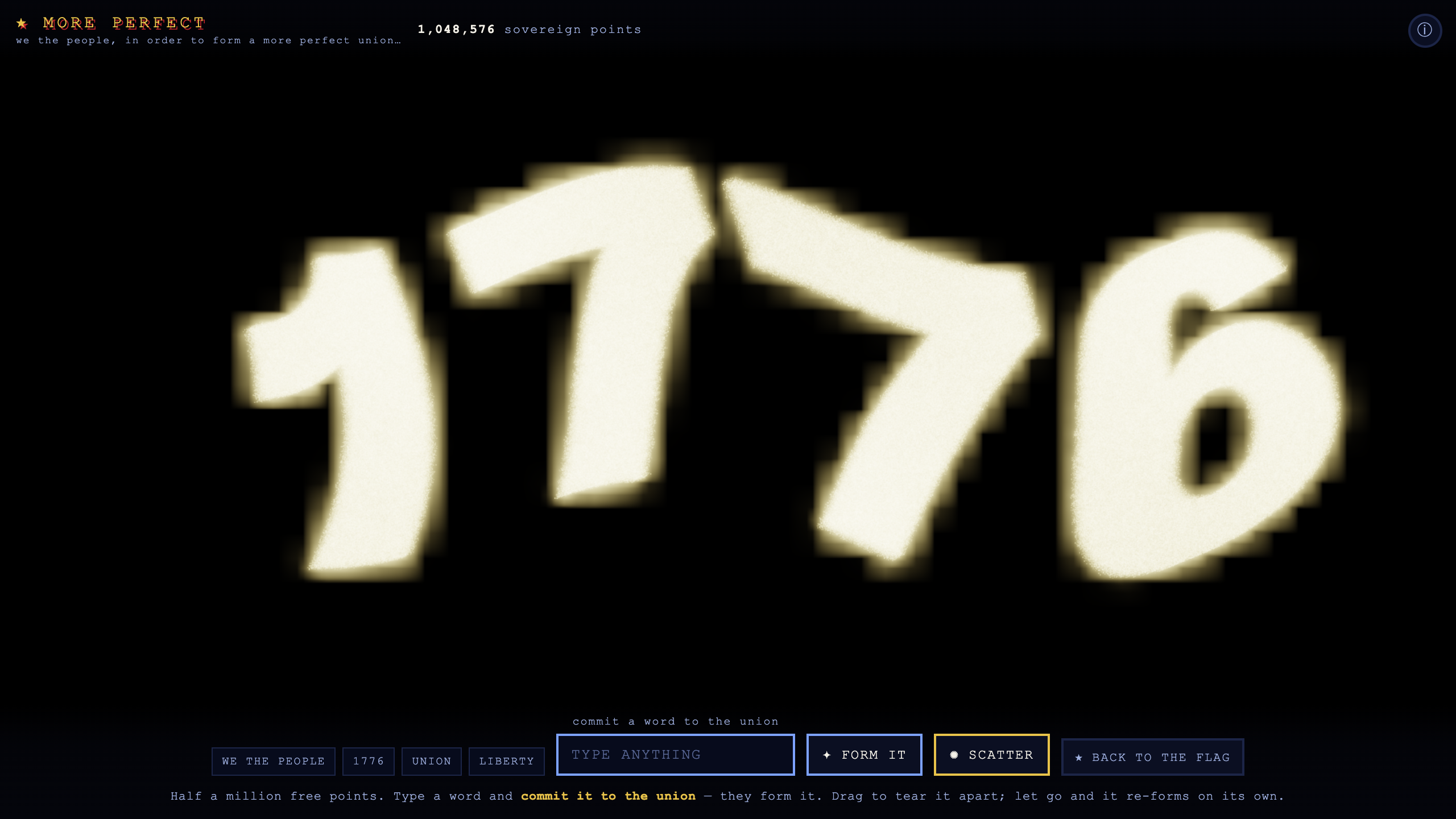 The same million particles, now glowing warm gold, assembled into the number 1776 against the black void.