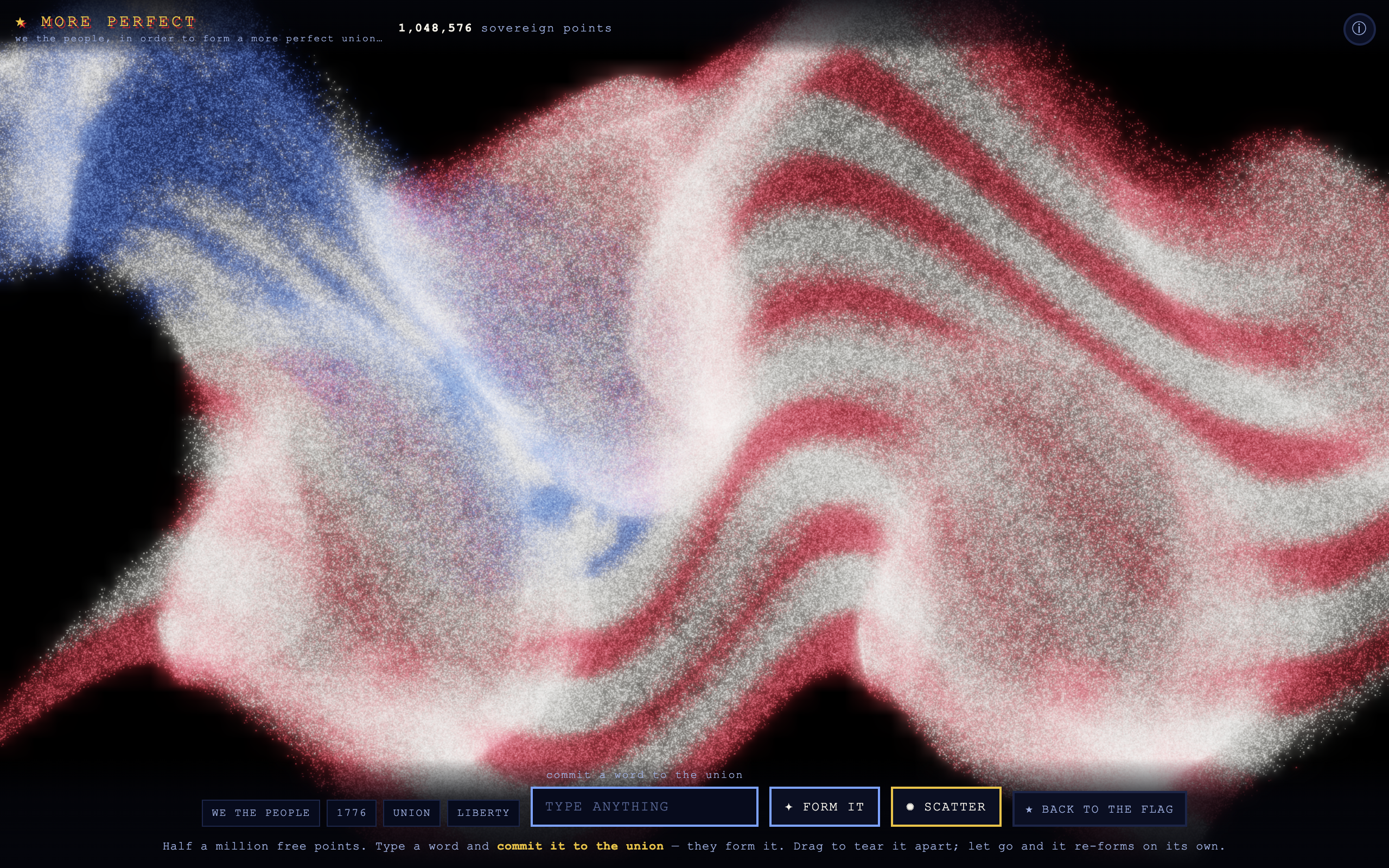 About a million glowing points of light on a black field, assembled into a waving American flag — red and white stripes rippling, a blue star field at the corner — under the title MORE PERFECT.