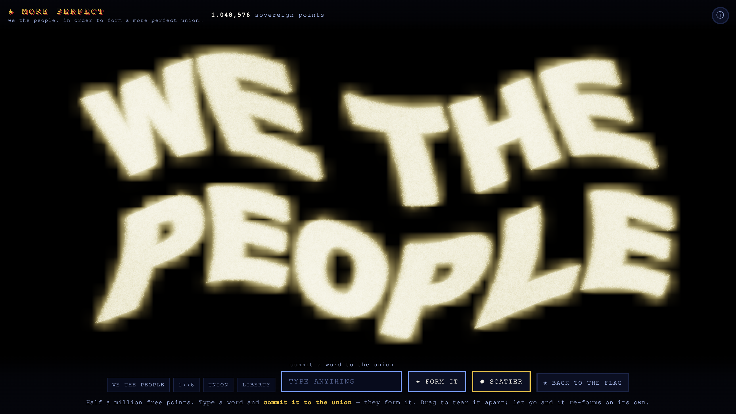 The particles forming the phrase WE THE PEOPLE in glowing gold letters.