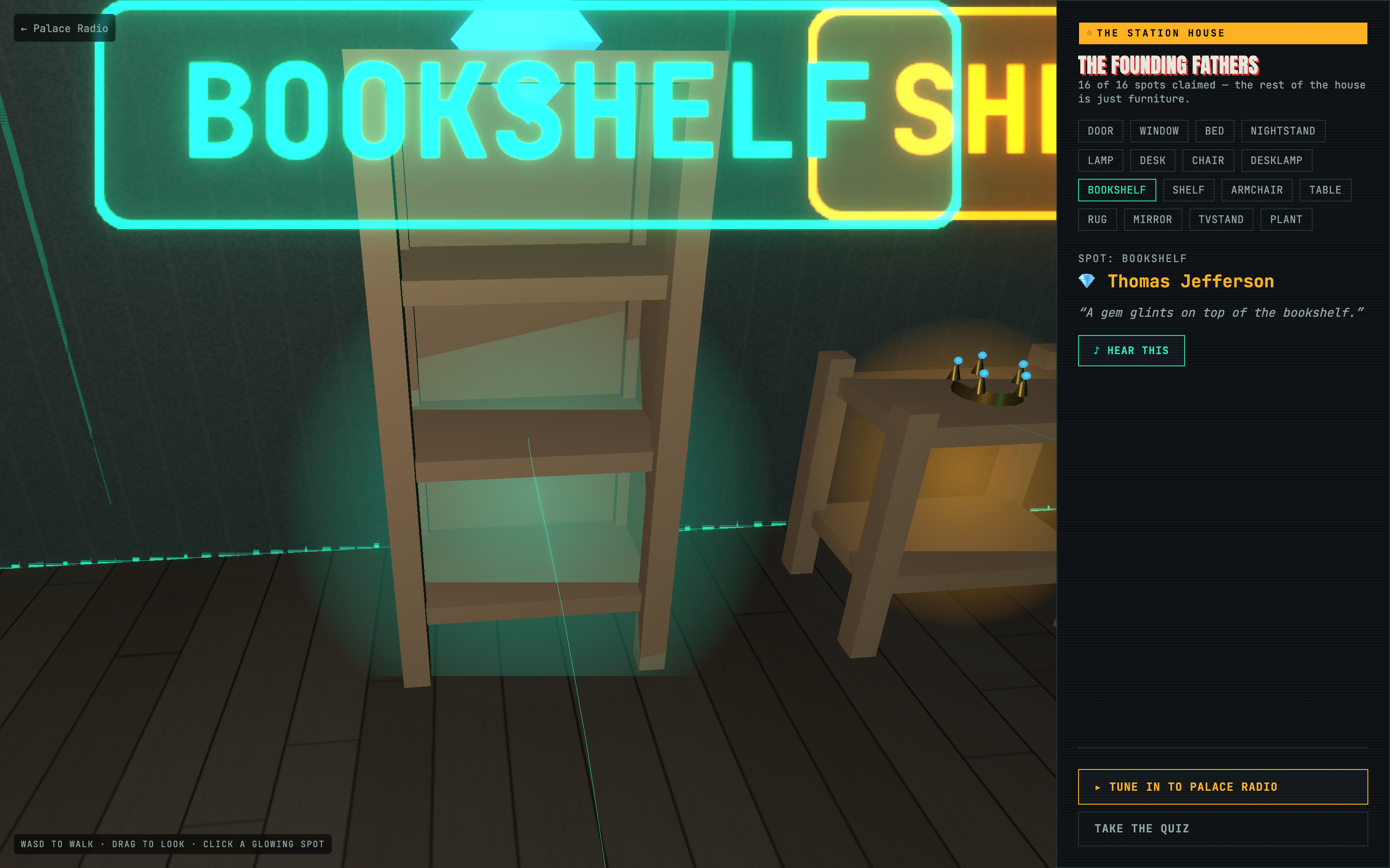A close-up of a small gold crown, built from Three.js primitives, resting on top of a nightstand next to a glowing NIGHTSTAND label.