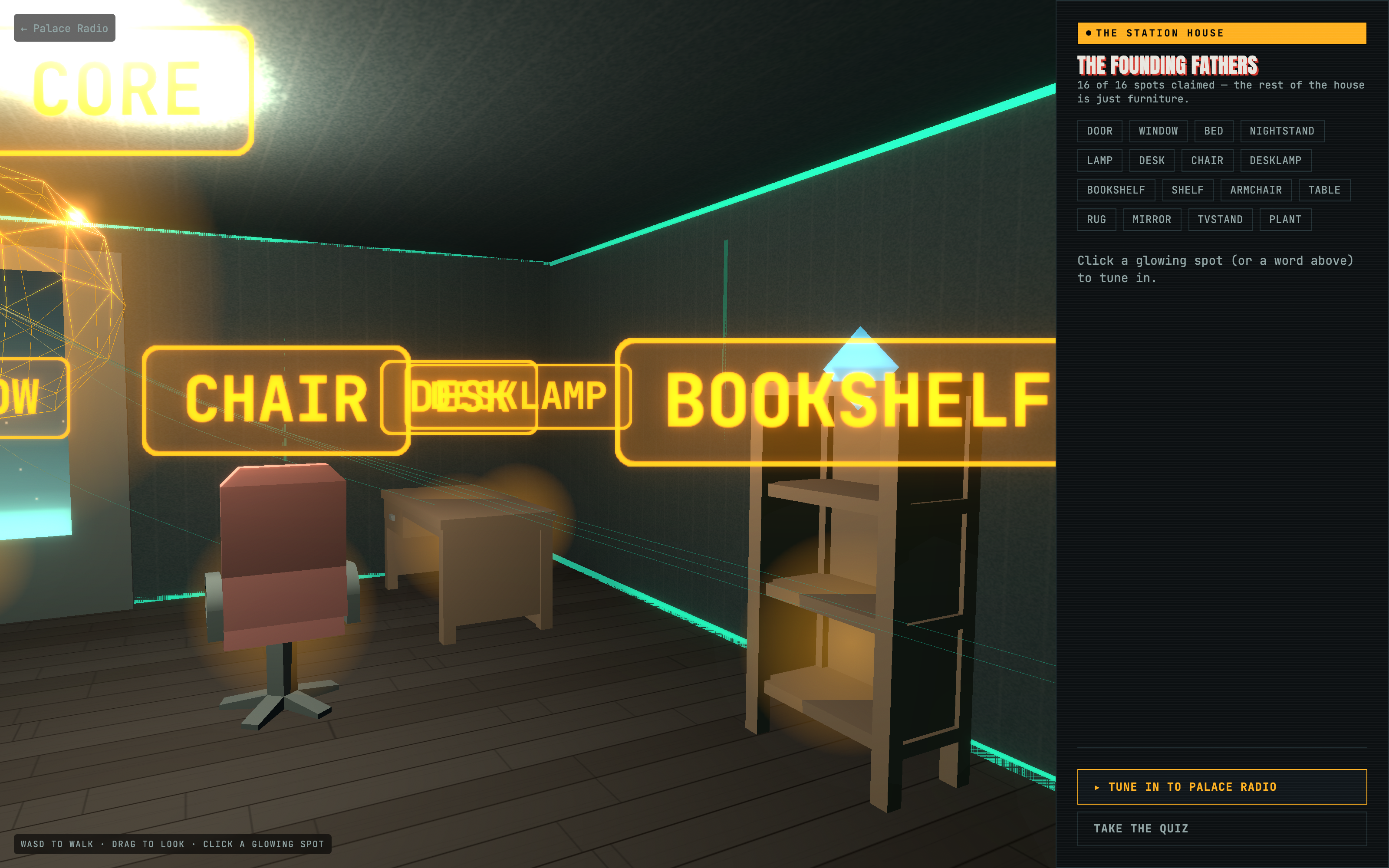 A dim, walkable 3-D room called The Station House — glowing amber labels reading CHAIR, DESKLAMP and BOOKSHELF float over real furniture, with a small glowing gem hovering above the bookshelf.