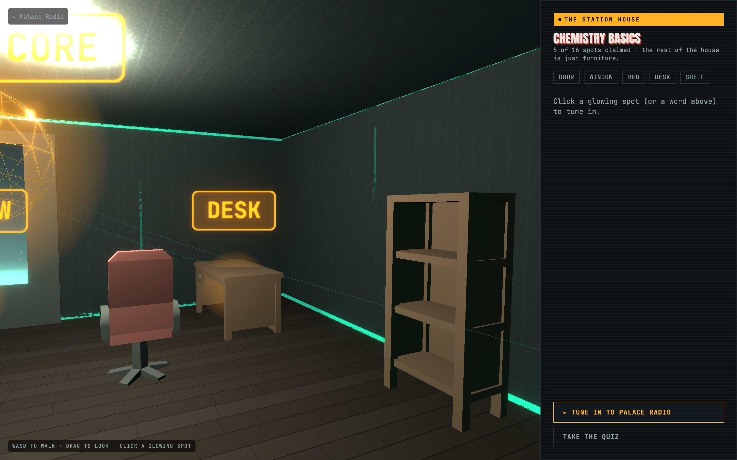 A wider view of the walkable 3-D Station House room with a glowing wireframe transmitter core at its center.
