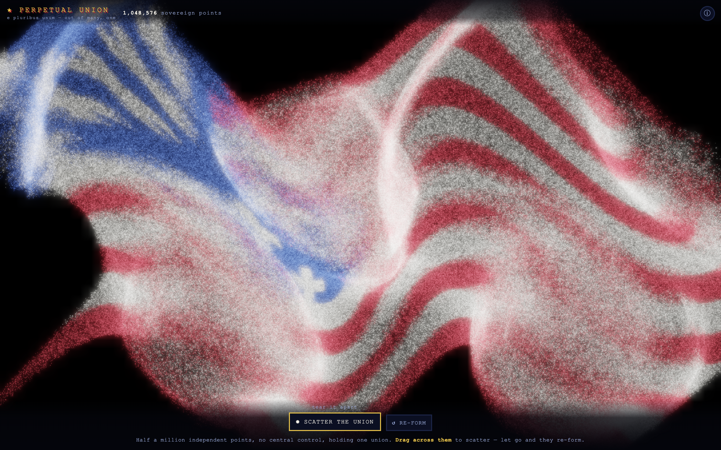 A million glowing particles formed into a waving American flag — red and white stripes rippling, a blue star canton at top-left, on black; the HUD reads 1,048,576 sovereign points.