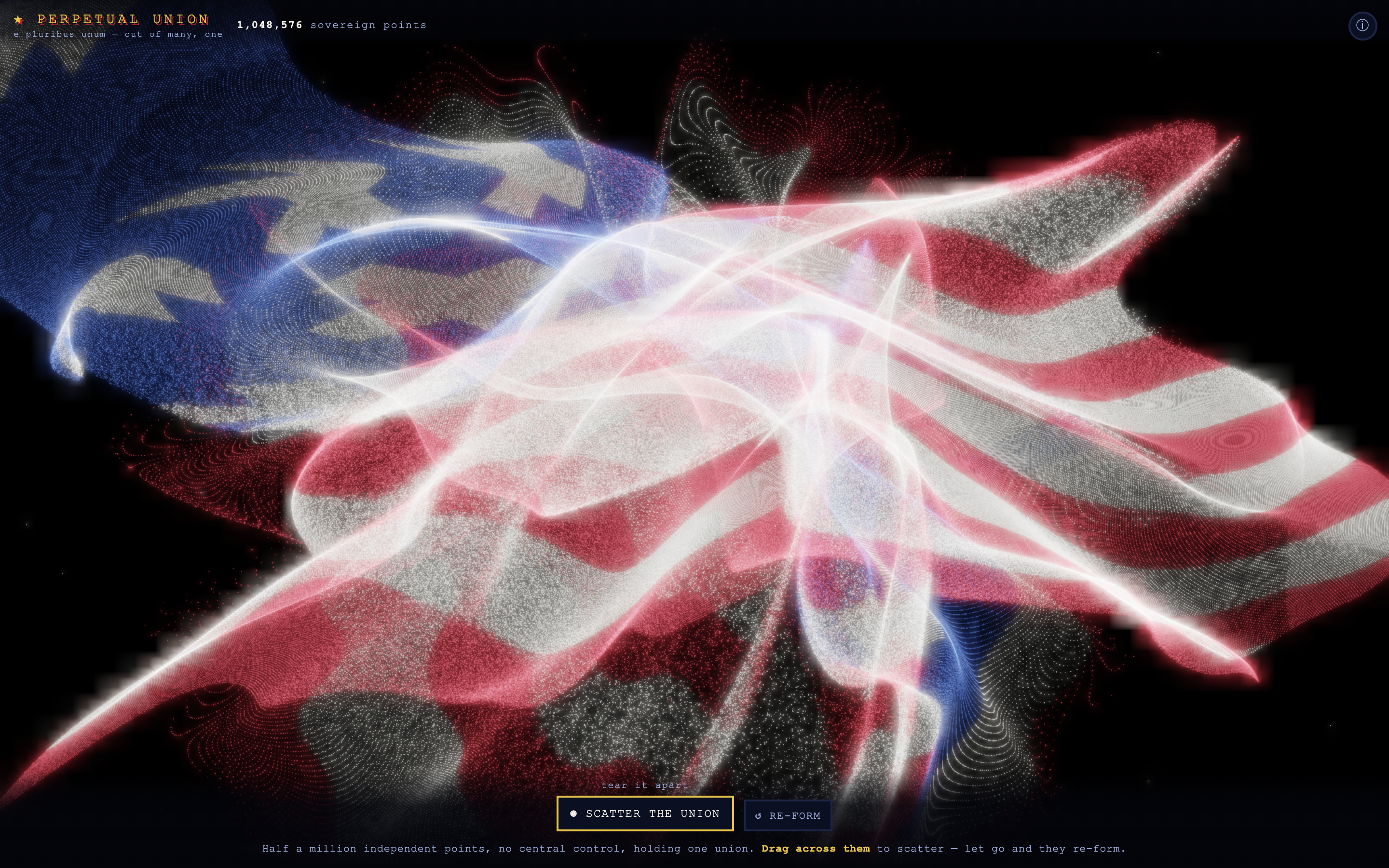 The same particle flag mid-scatter: red, white and blue points swirling outward in luminous streaks from a bright core, the flag torn apart yet still recognizable.